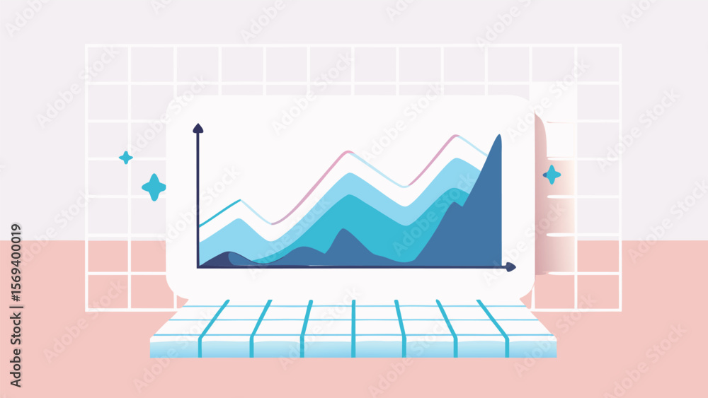 Poster illustration of a data chart with upward trends presented on a platform with grid background design