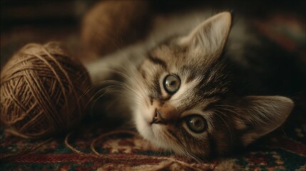 Kitten relaxes with yarn