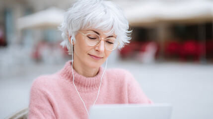 Elderly woman with white hair and glasses using a tablet while listening to music through earphones indoors. Technology and relaxation