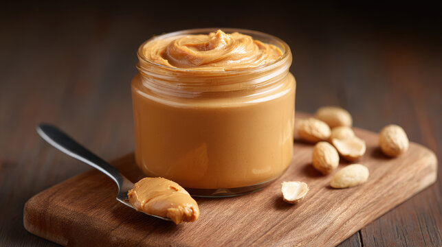 A jar of creamy peanut butter is open on a wooden board with a spoon and shelled peanuts beside it. Nut spread indulgence