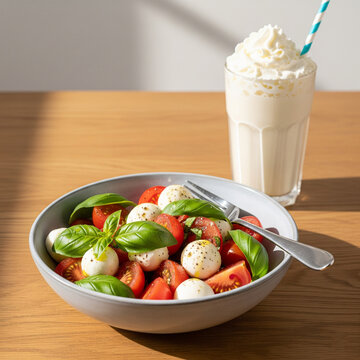omato Basil Salad with Vanilla Milkshake, Cozy Summer Table Aesthetic