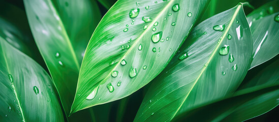 Green leaves with water droplets are closely seen, indicating freshness and vitality. Nature, freshness, tranquility