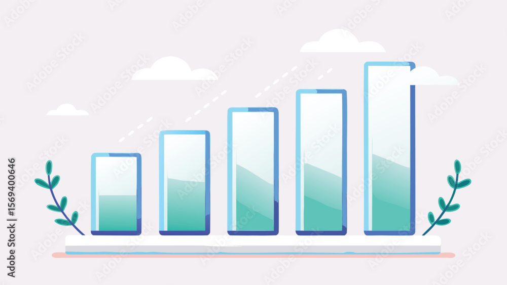 Poster illustration of a bar graph with increasing heights and clouds in the background with plants at side