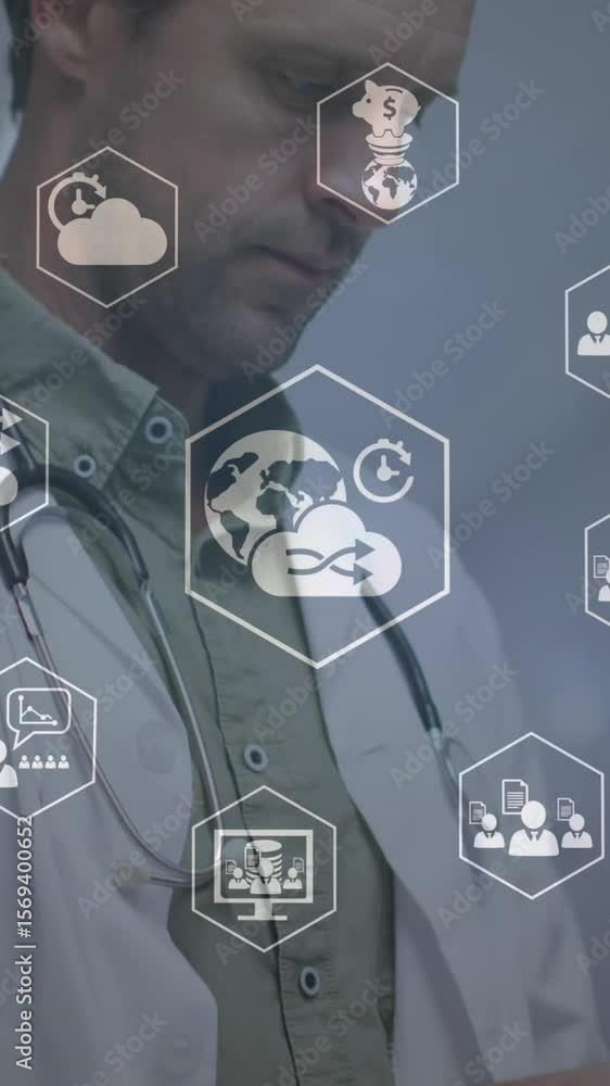 Poster animation of computer icon in hexagons over lens flares, caucasian doctor reading notepad