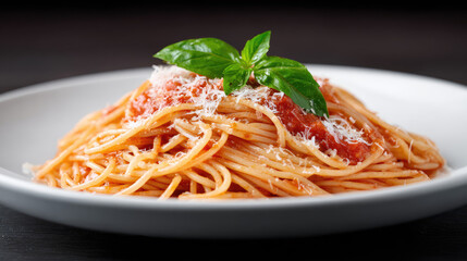 A plate of spaghetti topped with tomato sauce, grated cheese, and a basil leaf is placed on a table. Classic Italian cuisine