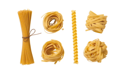 Assortment of Dried Pasta Types Spaghetti, Tagliatelle, and Fusilli
