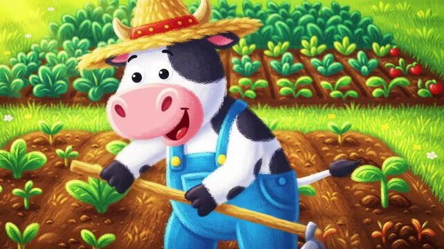 Happy Cow Farmer Tending Vegetable Garden Illustration