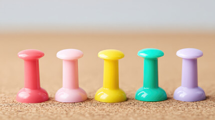 Five colorful pins stand upright on a corkboard surface in a row. Bright stationery, organization, color harmony
