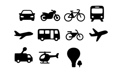 Transportation Icons Car, Plane, Train, Bicycle, and More