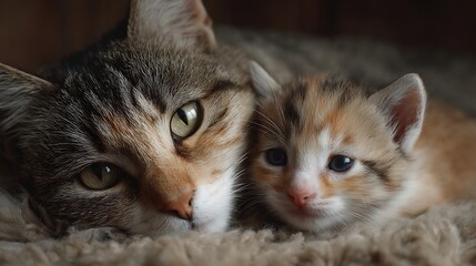 Mother cat, kitten cuddle.
