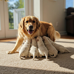 Golden Retriever Mother and Puppies A heartwarming family photo