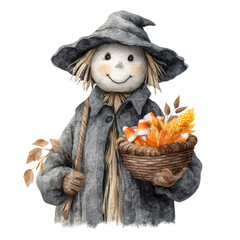 Charming Watercolor Illustration of a Smiling Scarecrow Holding Autumn Leaves in a Basket