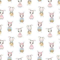 Seamless pattern with Easter cartoon cute bunny girls in blue and pink dress with a basket with eggs and boy hugs a blue egg. Watercolor hand drawn illustration