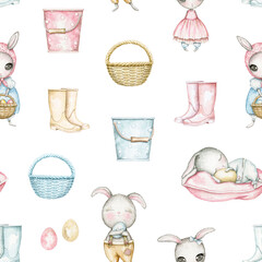 Seamless pattern with Easter cartoon cute bunnies, basket, bucket, boots and eggs isolated on white background. Watercolor hand drawn illustration