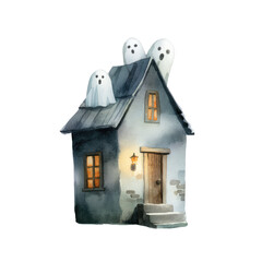 Whimsical Watercolor Illustration of an Endearing Haunted House with Friendly Ghosts