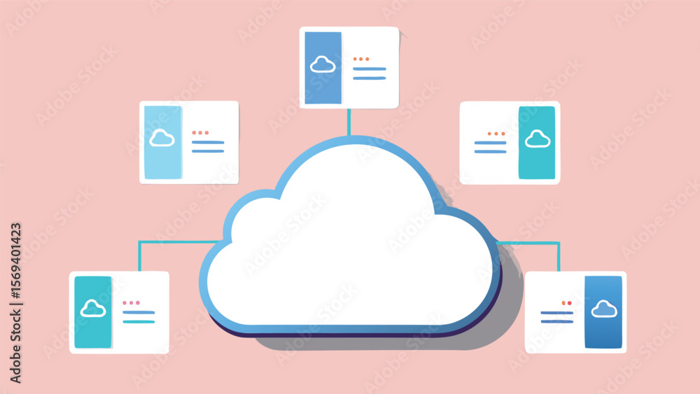 Poster cloud computing network diagram showing connected services on a light pink background design here