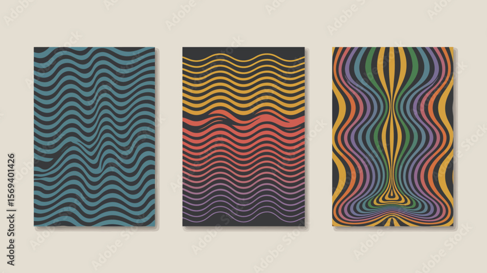 Poster three abstract retro posters with wavy lines and optical illusions in a minimalist style design