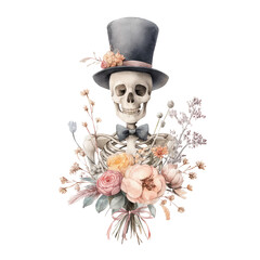 Lovely Watercolor Illustration of a Cute Skeleton Wearing a Hat Surrounded by Beautiful Flowers
