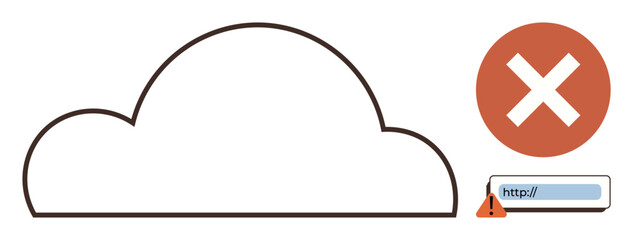Cloud outline with blocked red circle and cross, URL bar, and error warning. Ideal for data security, online protection, restricted access, internet issues, cybersecurity, tech errors simple flat