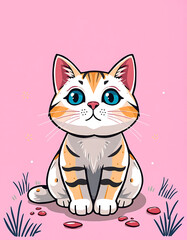 Obraz premium Whimsical Tricolor Cat in Pastel Scene – Playful Feline Illustration for Pet and Children’s Designs