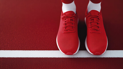 Red sneakers on a red track next to a white line, positioned side by side. Concept: sports footwear, running, vibrant color contrast