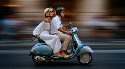 Couple riding a scooter through the streets of Rome