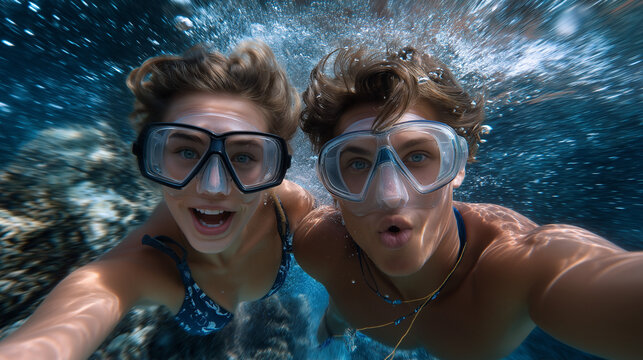 Couples snorkeling together in a vibrant coral reef scene