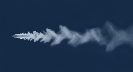 A missile streaks across a deep blue sky, leaving a turbulent contrail of white smoke in its wake.
