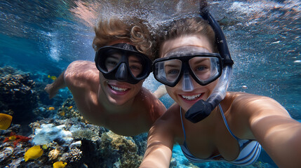 Fototapeta premium Couples snorkeling in a vibrant coral reef awe-inspiring experience