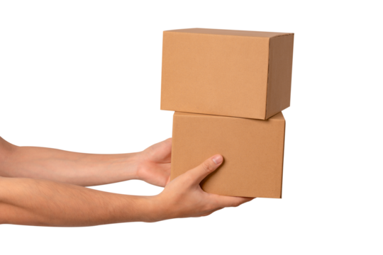 Hand holding parcel box isolated on transparent PNG. 