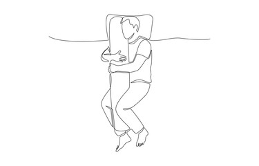 Continuous one line drawing of man sleeping hugging body pillow, single line art