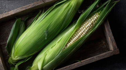 Two ears of corn, one partially husked, rest in a wooden tray. Fresh produce, rustic display