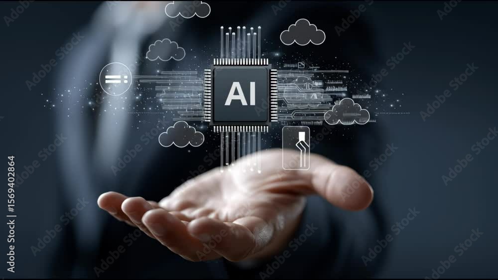 Poster ai technology: a modern depiction of artificial intelligence, with a detailed central chip hovering 
