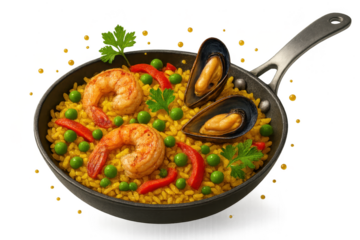 Flavorful seafood paella with shrimp and mussels, isolated on transparent background.