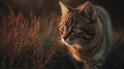Tabby cat in golden grasses
