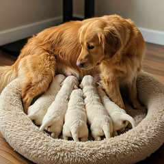 Golden Retriever Mother Nursing Puppies A heartwarming photo of a canine family