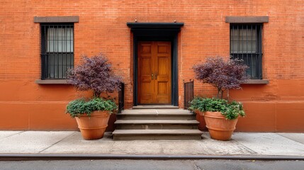 Charming Entrance of a Historic Brownstone with Vibrant Planters and Sturdy Steps in an Urban Neighborhood Setting Capturing Architectural Beauty and Curb Appeal