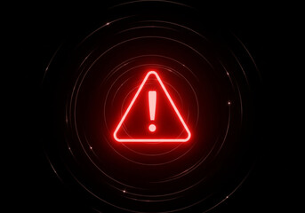 Vibrant red neon warning sign with an exclamation mark, surrounded by circular digital lines on a dark background, indicating error or alert.