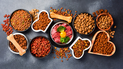 A large selection of food for dogs and cats. Top view. A type of nutritious food.