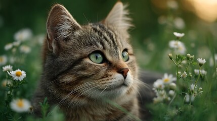 Tabby cat peers in flowers