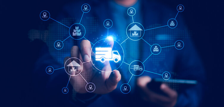 Smart Logistics and Modern Supply Chain Management. A businessman interacts digital ecosystem of parcel delivery, warehousing, and e-commerce, global shipping efficiency. AI, IoT, Big Data, transport.