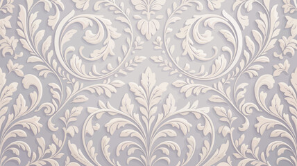 Fototapeta premium A symmetrical floral pattern in white with swirling leaves and branches on a light gray background texture