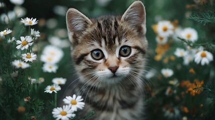 Tabby kitten amidst daisies
