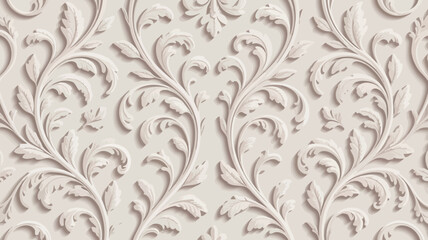 Close up of an ornate beige wallpaper with raised floral and leaf designs and subtle shadows cast