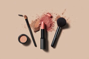 make - up brushes on a brown background. makeup products on a beige background. a pair of scissors sitting on top of a table
