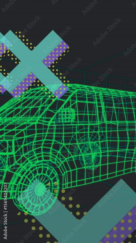 Poster animation of abstract cross shapes over 3d van model moving in seamless pattern in tunnel