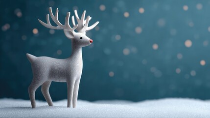 Obraz premium Whimsical White Reindeer Figurine Standing on Snowy Surface Against a Soft Blue Background with Snowflakes and a Magical Winter Atmosphere