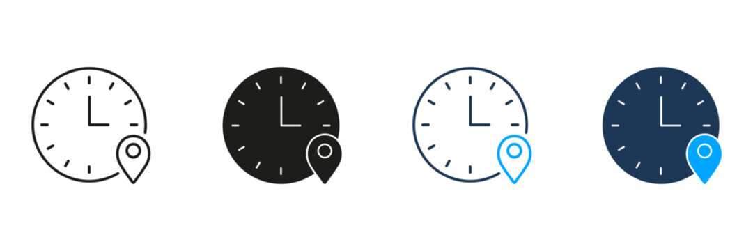 Clock With Location Pin Line And Solid Icon Set. Time Management, Scheduling, And Geolocation Tracking Symbol Collection. Efficient Planning And Navigation. Isolated Vector Illustration