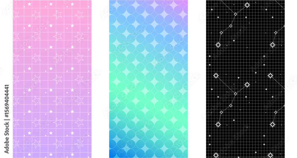 Poster y2k star pattern set with vibrant backgrounds - pastel colors gradient panel with rows of sparkles a