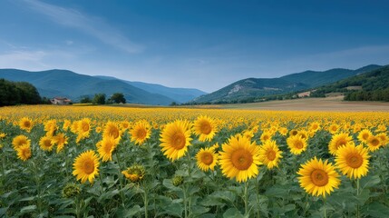 Fototapeta premium Vast Field of Vibrant Sunflowers Under a Bright Sky Surrounded by Majestic Mountains in the Distance, Capturing Nature’s Beauty and Serenity in Full Bloom